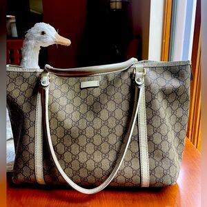 Authentic GUCCI medium brown snap tote with white details